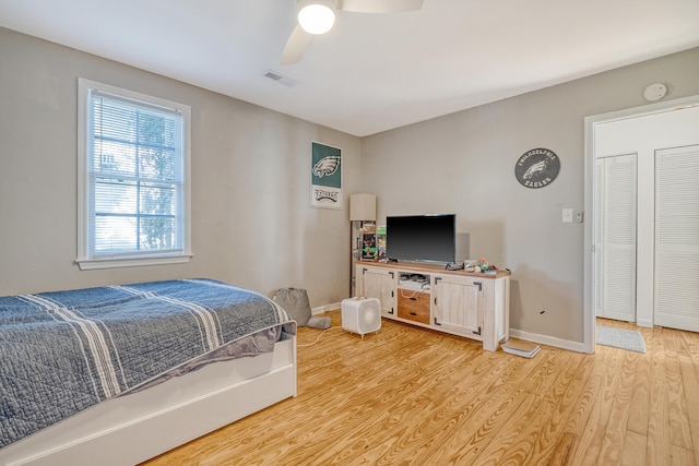 bedroom featuring ceiling fan and light wood-type flooring