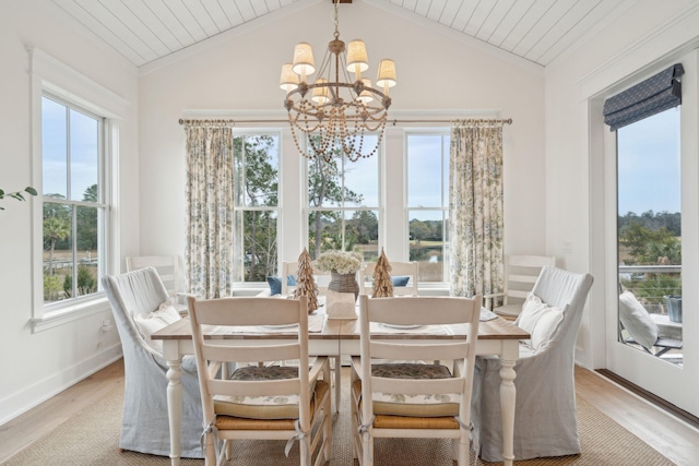 dining area with vaulted ceiling, a chandelier, wood ceiling, and light hardwood / wood-style floors