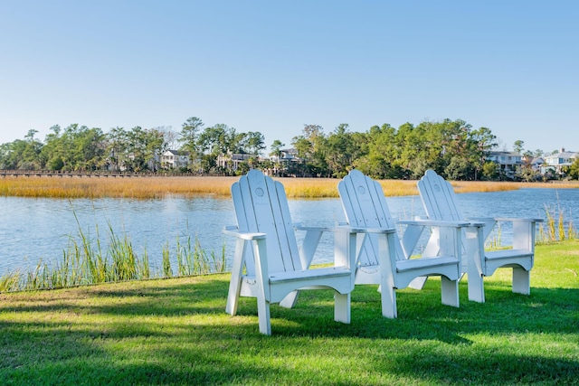 view of dock featuring a water view and a lawn