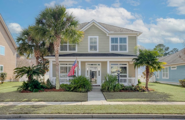 view of front of property featuring a porch and a front yard