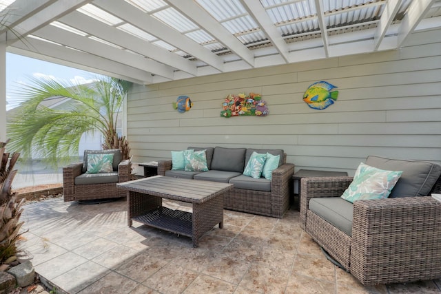 view of patio / terrace featuring an outdoor living space and a pergola