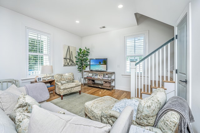 living room with hardwood / wood-style floors and plenty of natural light