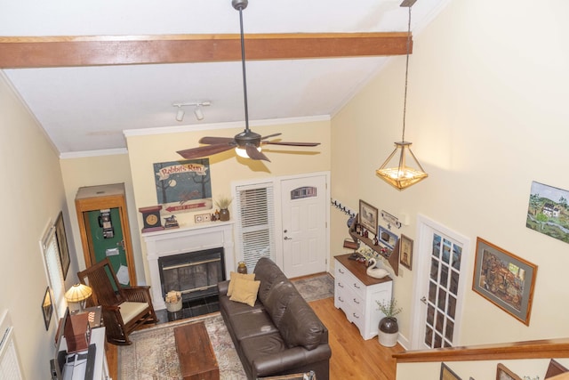 152 Mansfield Blvd, Charleston, SC 29418 - living area with light wood-style flooring, ceiling fan, a fireplace with flush hearth, and crown molding