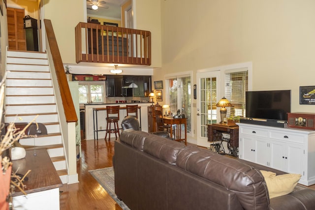 152 Mansfield Blvd, Charleston, SC 29418 - living room with stairs, a towering ceiling, wood finished floors, and ceiling fan