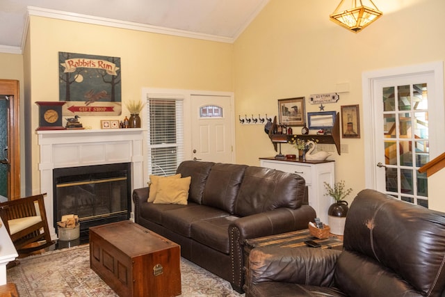 152 Mansfield Blvd, Charleston, SC 29418 - living area featuring lofted ceiling, crown molding, and a fireplace with flush hearth