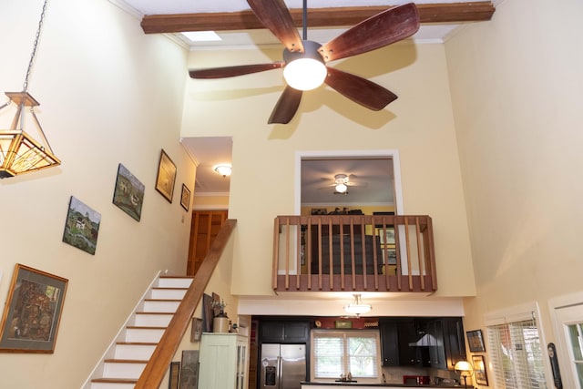 152 Mansfield Blvd, Charleston, SC 29418 - staircase with a high ceiling, a ceiling fan, ornamental molding, and beamed ceiling