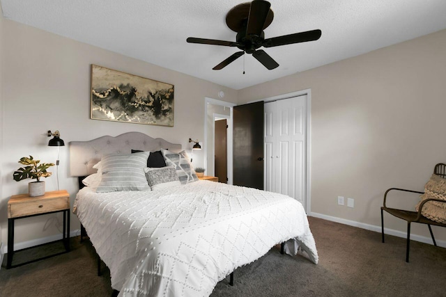 carpeted bedroom featuring a closet, a ceiling fan, and baseboards