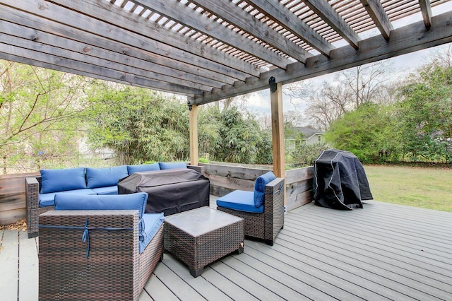 wooden terrace with an outdoor hangout area, area for grilling, and a pergola