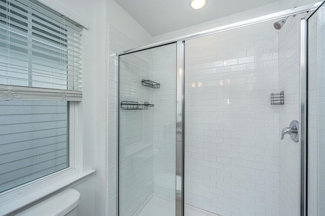 bathroom featuring toilet and a shower stall