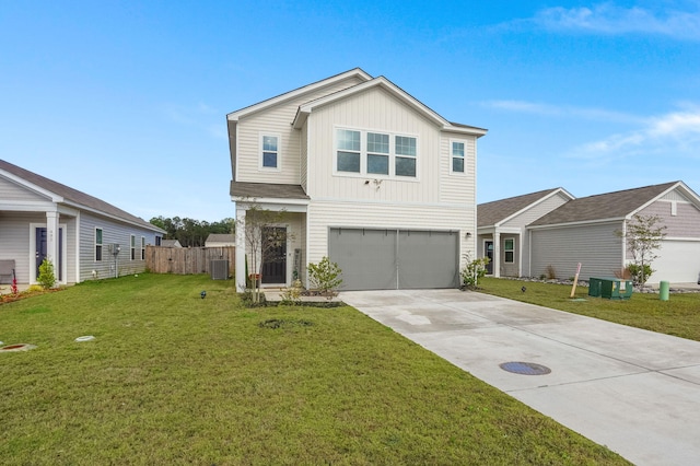 view of front of home with cooling unit, a front yard, and a garage