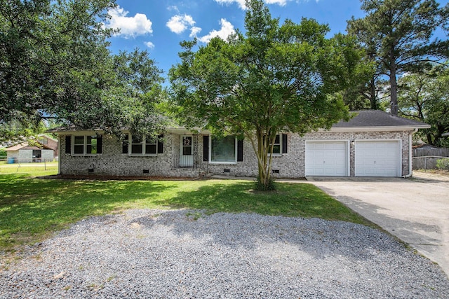 view of front of property with a garage, fence, driveway, and crawl space