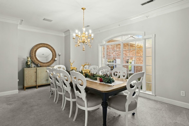 dining space with carpet flooring, a notable chandelier, and ornamental molding