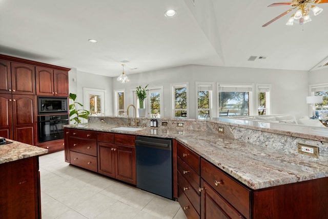 kitchen featuring black appliances, sink, light stone countertops, decorative light fixtures, and light tile patterned flooring