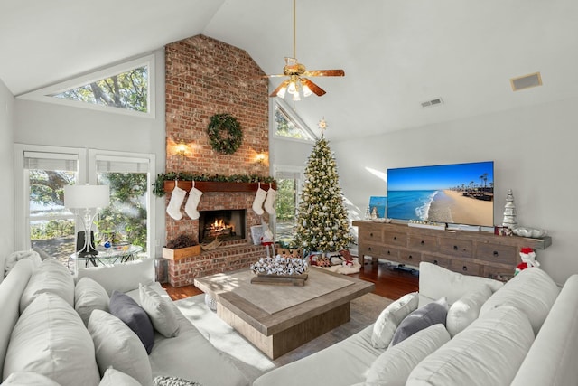 living room featuring a healthy amount of sunlight, wood-type flooring, and a fireplace