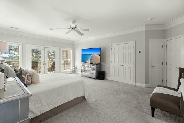 bedroom with carpet flooring, french doors, ceiling fan, and ornamental molding