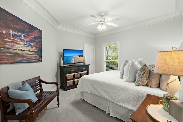 bedroom with carpet flooring, ceiling fan, and ornamental molding