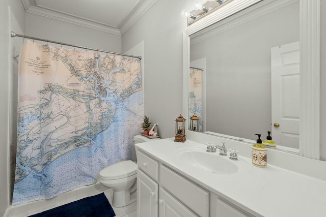 bathroom with vanity, tile patterned floors, toilet, ornamental molding, and curtained shower