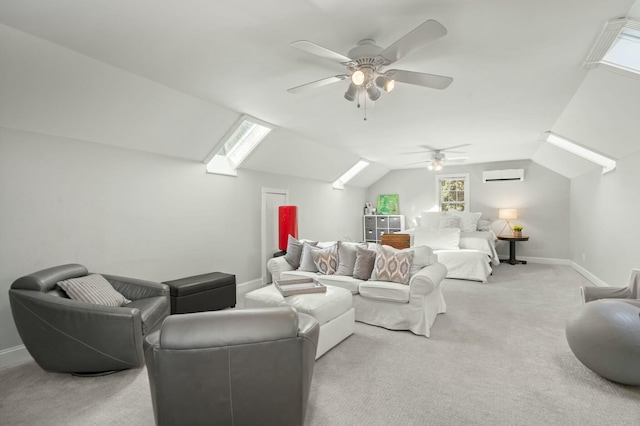 living room featuring ceiling fan, light carpet, a wall unit AC, and vaulted ceiling