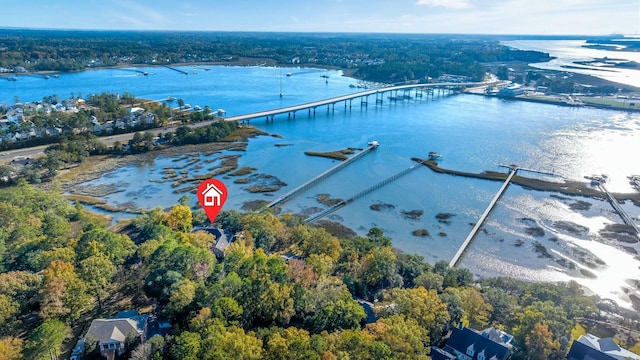 drone / aerial view featuring a water view