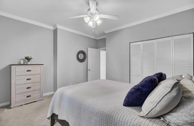 bedroom with ornamental molding, light colored carpet, and baseboards