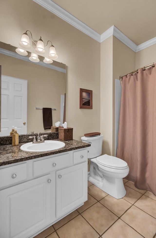 full bathroom featuring vanity, ornamental molding, tile patterned flooring, and toilet