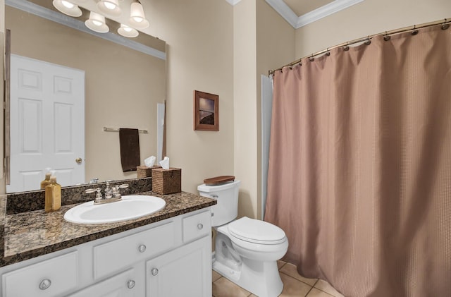 bathroom with toilet, a shower with curtain, tile patterned floors, crown molding, and vanity