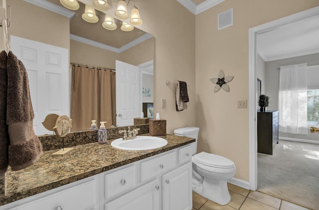 full bath with toilet, ornamental molding, tile patterned flooring, and visible vents