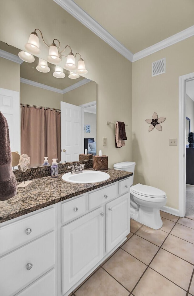 full bath with vanity, visible vents, crown molding, and tile patterned floors