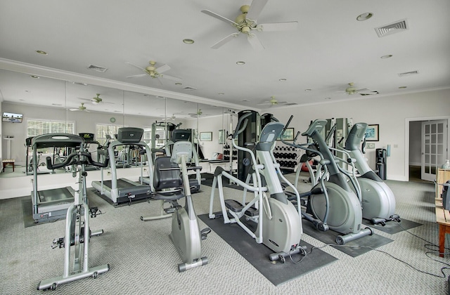 workout area with baseboards, visible vents, and recessed lighting