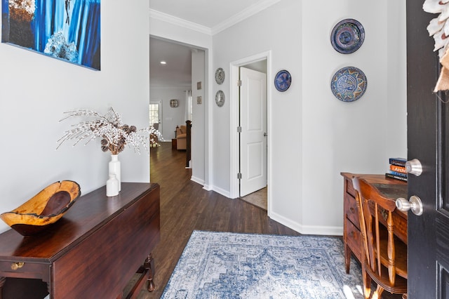 interior space with crown molding and dark hardwood / wood-style flooring