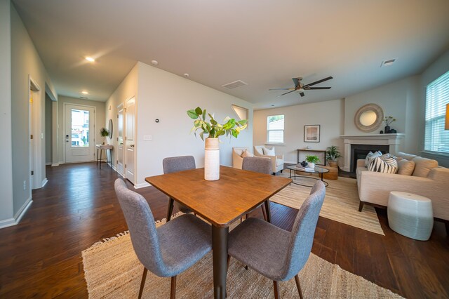 dining room featuring dark hardwood / wood-style flooring, ceiling fan, and plenty of natural light