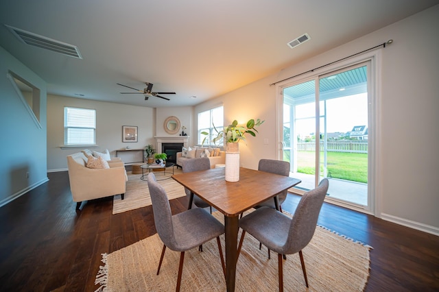 dining space with ceiling fan, plenty of natural light, and dark wood-type flooring