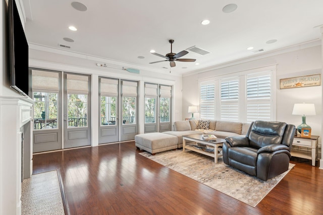 living room with a wealth of natural light and crown molding