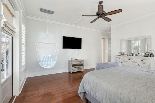 bedroom with baseboards, ceiling fan, dark wood-style flooring, and crown molding