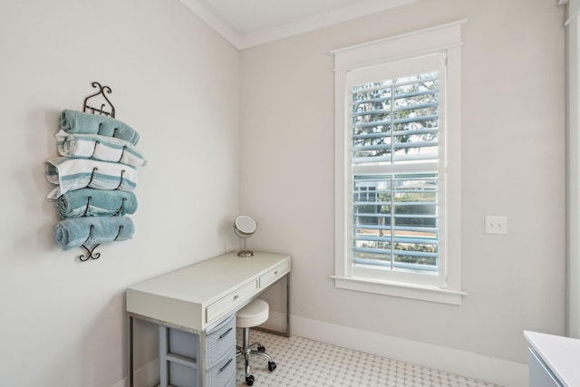 office with baseboards and crown molding