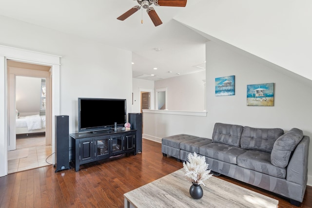 living area with ceiling fan, wood finished floors, and recessed lighting