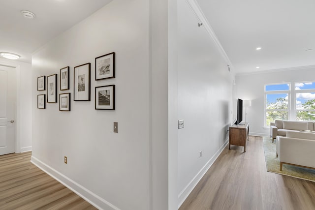 145 Pier View St Unit 407, Charleston, SC 29492 - corridor featuring baseboards, light wood-style floors, and crown molding