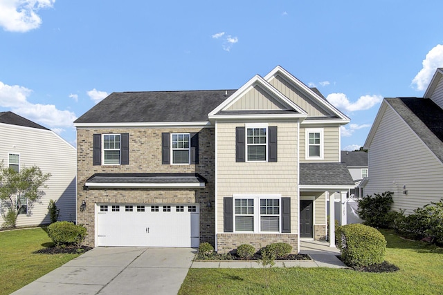 123 Blackwater Way, Moncks Corner, SC 29461 - view of front of home featuring board and batten siding, concrete driveway, a garage, brick siding, and a front yard