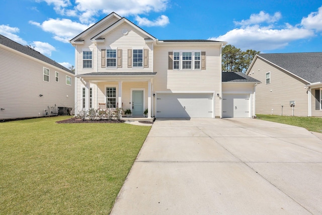 view of front of property with a front yard, driveway, a porch, an attached garage, and central AC