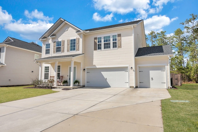 traditional-style home with driveway, a front lawn, covered porch, an attached garage, and a garage