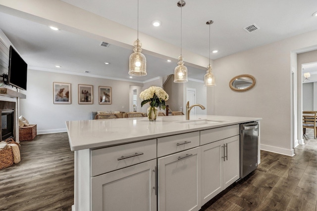 kitchen featuring a sink, open floor plan, dark wood-style flooring, and white cabinetry