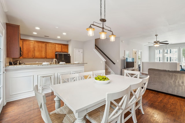 dining space featuring recessed lighting, stairway, ceiling fan, and dark wood-style flooring