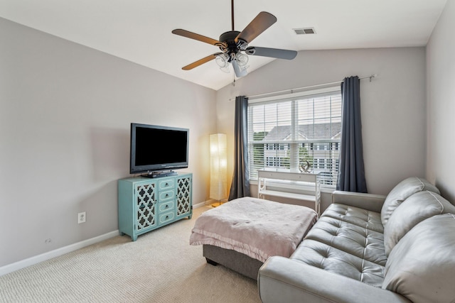 bedroom with visible vents, a ceiling fan, baseboards, lofted ceiling, and light colored carpet