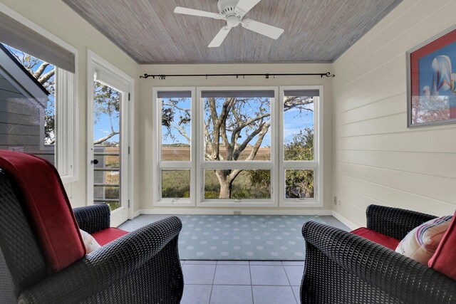 sunroom / solarium with ceiling fan, plenty of natural light, and wood ceiling