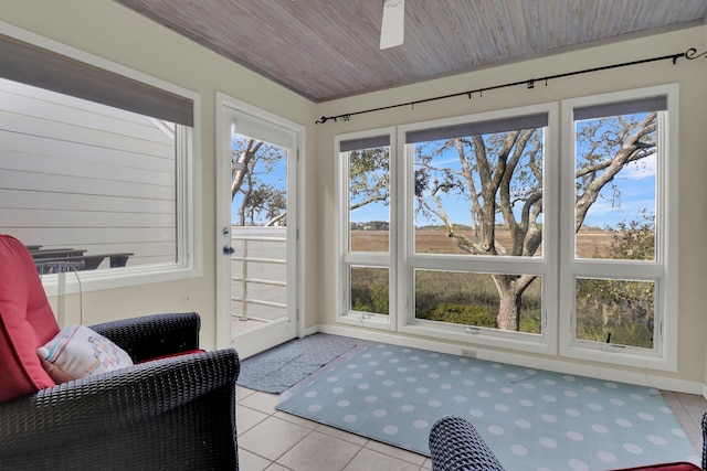 sunroom / solarium with ceiling fan and wooden ceiling