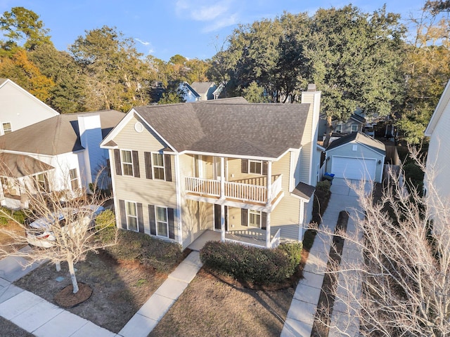 view of front of property featuring a balcony, a garage, and an outdoor structure