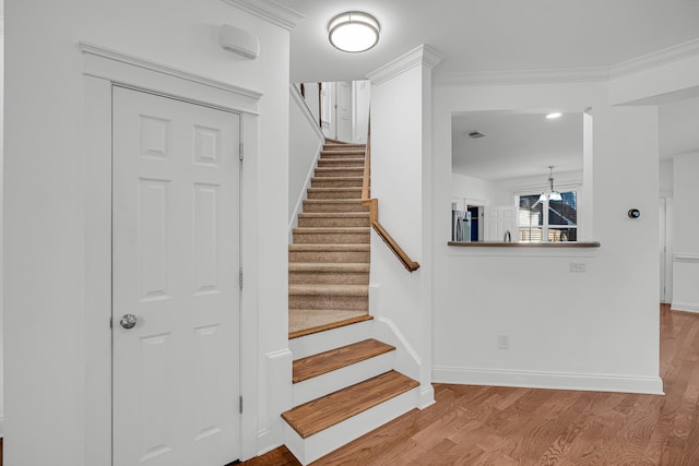 stairs featuring wood-type flooring and crown molding