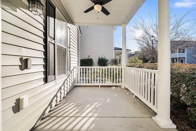 view of patio / terrace featuring covered porch and ceiling fan