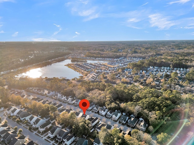 drone / aerial view with a water view