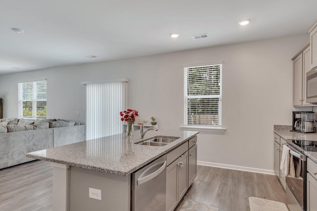 kitchen featuring appliances with stainless steel finishes, an island with sink, a healthy amount of sunlight, and sink